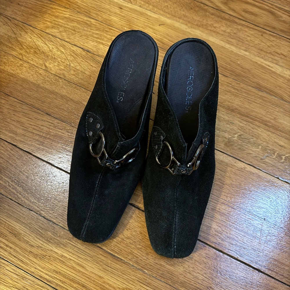 Black Suede Mules with Buckles